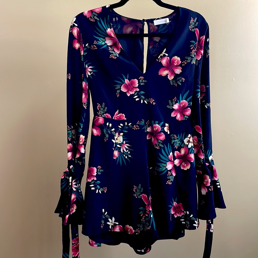 Lush Black and Pink Floral Romper long sleeves